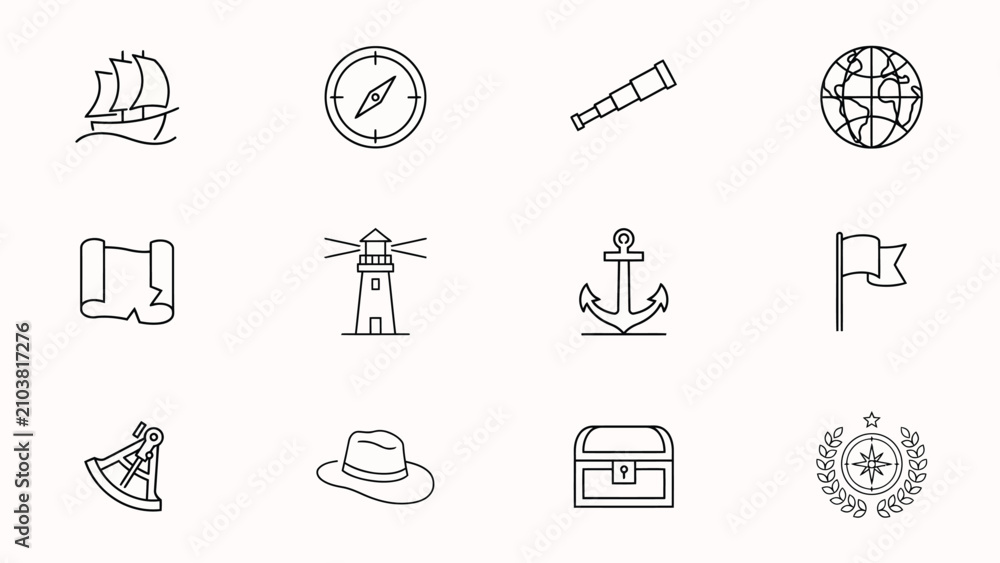 Fototapeta premium Minimalist line art icons representing classic travel with monochromatic grid fourteen distinct vintage style icons evoking exploration exploration navigation maritime