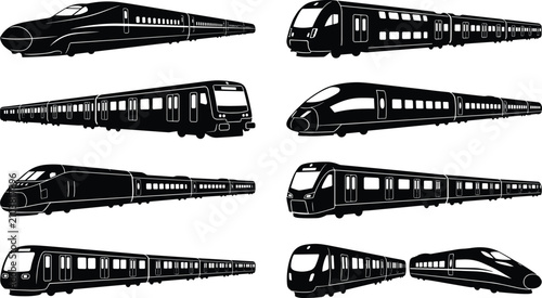 Modern High Speed and Urban Passenger Train Silhouette Collection Vector Set