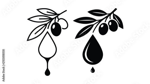 Photos Olive branch icons with falling oil drops depicting organic product symbol for healthy food and natural cosmetic ingredient