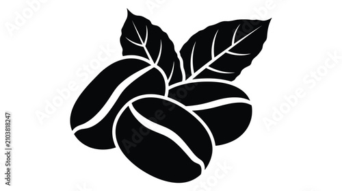 Foto Black coffee beans icon with green leaves isolated on transparent background design element for cafe coffee shop branding