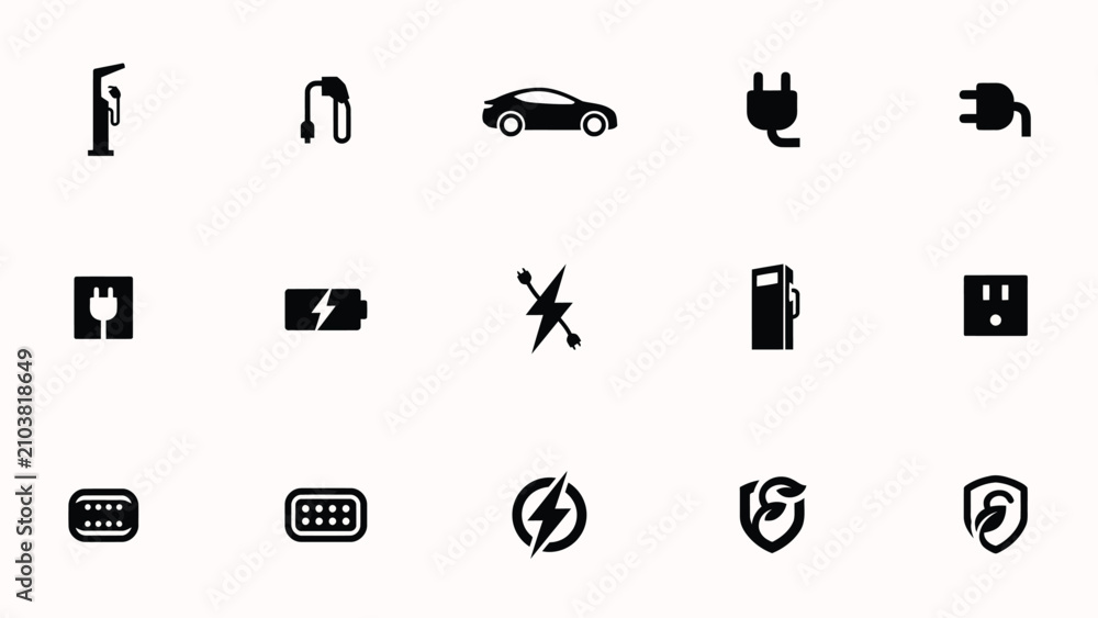 Naklejka premium Modern minimalist icons set with high contrast collection twelve black white icons representing electric vehicle charging automotive concepts sleek