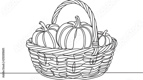 Bild auf Leinwand Hand drawn pumpkin basket coloring page vector, autumn harvest pumpkins in wicke