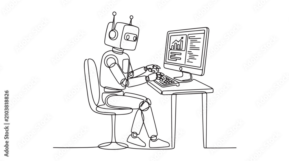 Fototapeta premium Artificial intelligence robot working on computer, continuous line drawing of android using desktop PC, futuristic automation concept vector isolated on White Background