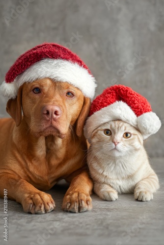 dog and cat sitting still wearing Christmas hats, Generative AI