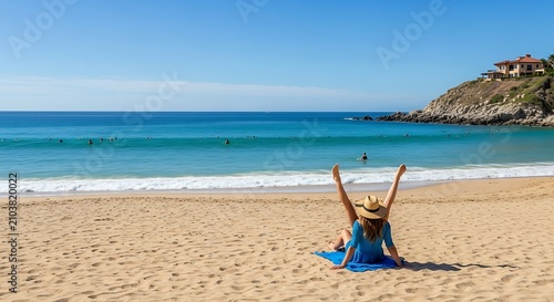 A woman sits on a sandy beach with her arms raised, overlooking a calm sea