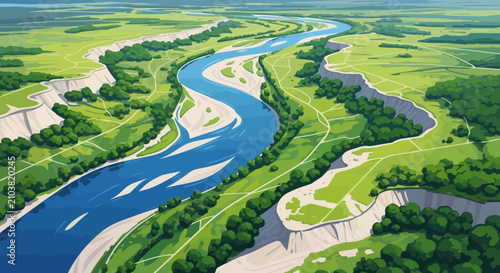 Vast Winding River Through Lush Green Landscape.
