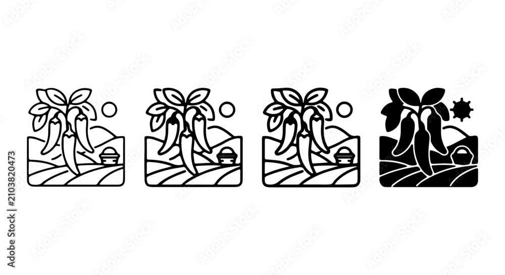 Fototapeta premium Chili Pepper Harvest Icons, Organic Farming Vector Set, Spicy Food Cultivation Graphics