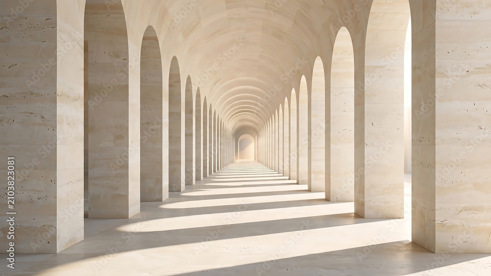 Obraz premium Long architectural archway corridor with repeating arches and sunlight