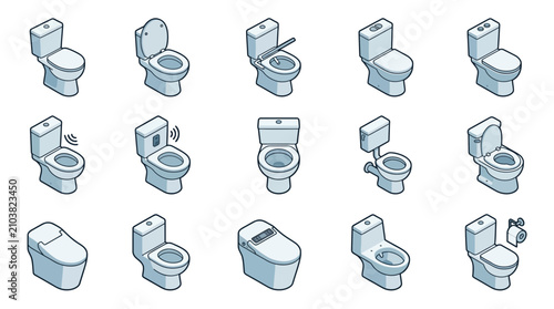 Isometric Toilet Icons Set: Bathroom Fixtures Collection