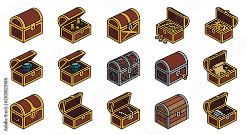 Isometric Treasure Chests Collection: Open and Closed, Filled with Gold and Jewels