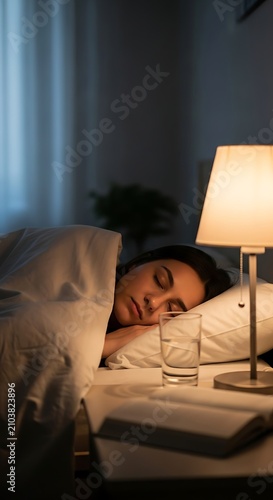 A woman sleeps peacefully on a bed with a lamp and book nearby