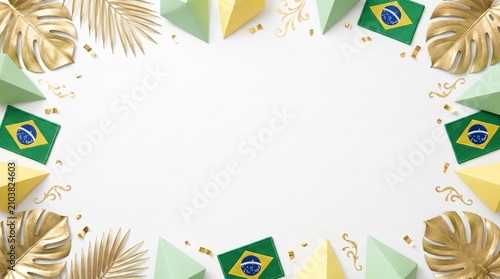 Festive Brazilian Celebration Decorative Frame With Golden Palm Leaves And Geometric Shapes on White Background