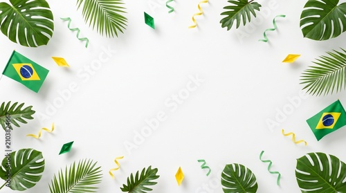 Brazilian National Holiday Celebration Background with Tropical Palm Leaves and National Flag on White