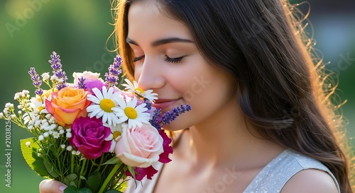 A woman smells a vibrant bouquet of flowers