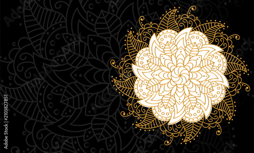 luxury Mandala yoga design. poster Golden mandala on dark background. Luxury elegant cover. Decorative ornate round mandala. A symbol of life and health. Vector illustration.
