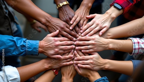 Multiple hands of different skin tones are stacked together in the center of the image, symbolizing unity and collaboration