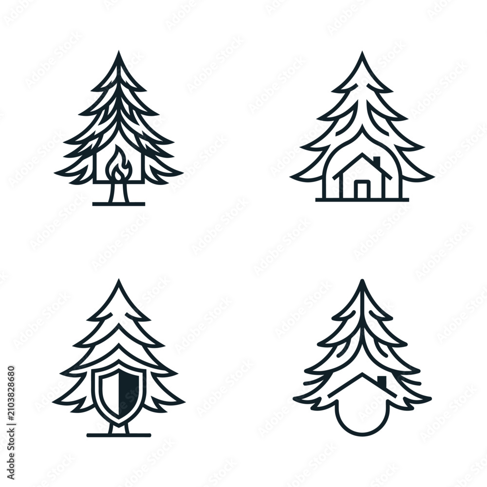 Obraz premium Pine Tree Logo Set: Home, Safety, Nature, and Flame Icons