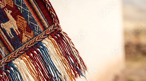Traditional andean woven textile with colorful fringe and llama motifs