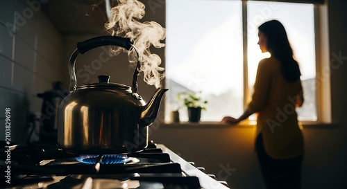 A woman stands by a window in a kitchen with a steaming kettle on the stove