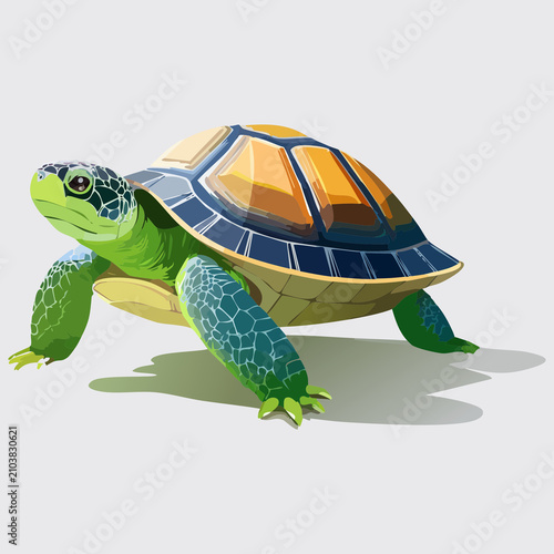 Vector illustration of a green sea turtle with an orange and brown shell walking on a flat surface.