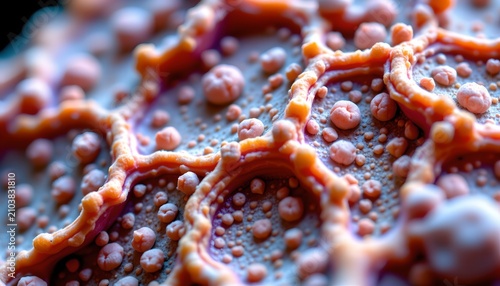 The image showcases a highly detailed close up of a textured surface featuring an intricate pattern of raised, rounded bumps and interconnected ring like structures
