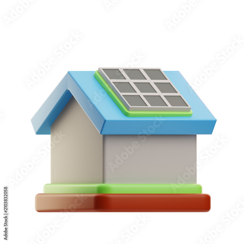 A 3D rendering of a modern house featuring solar panels on the roof, set against a simple base. Ideal for sustainability and eco-friendly themes.