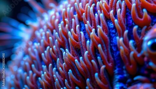The image features a close up view of a vibrant marine coral, highlighting its intricate structure and vivid colors