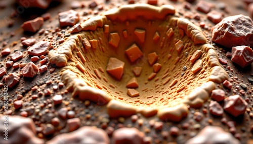 The image features a detailed close up of a hole or depression in a surface, surrounded by various small, irregularly shaped fragments