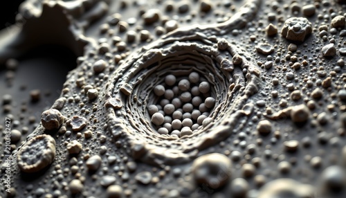 The image features a close up view of a textured surface resembling dry, cracked terrain with numerous small rocks and pebbles scattered across it