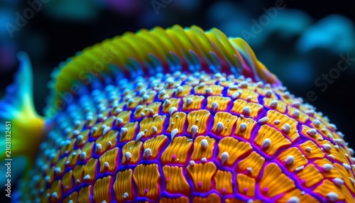 The image features a close up view of a vibrant, patterned marine creature, likely a type of fish or coral, characterized by its colorful and textured surface