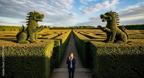 A woman stands on a pathway between hedges and dragon sculptures