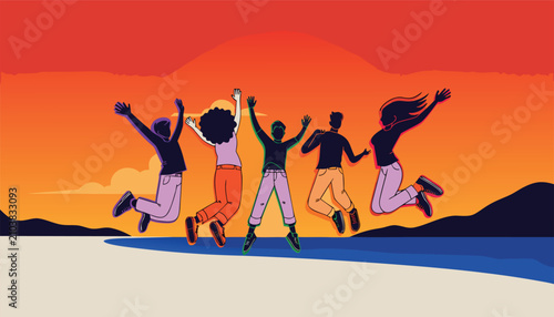 Billede på lærred Joyful Leap Towards Sunset: A vibrant illustration depicts five friends mid-air, arms outstretched in a joyous leap against a fiery sunset sky, symbolizing freedom and shared happiness