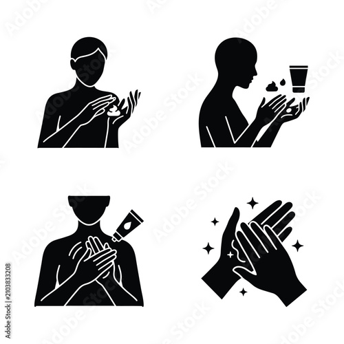 Hand Cream Application Icons: Skincare Routine, Moisturizing, and Hygiene