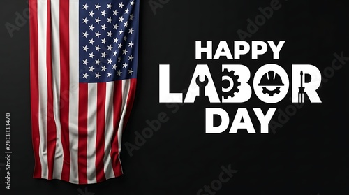 Happy labor day text with construction on a black background, next to a, hanging american flag, fabric with vertical, folds and texture