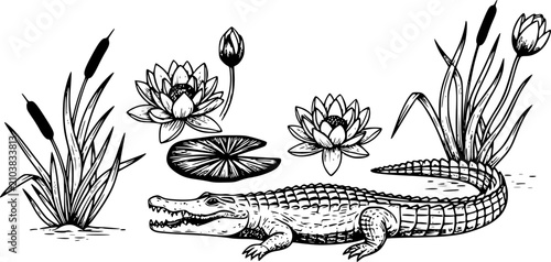 Crocodile, water lilies and reeds. Vector black and white illustration of a swamp scene in engraving style
