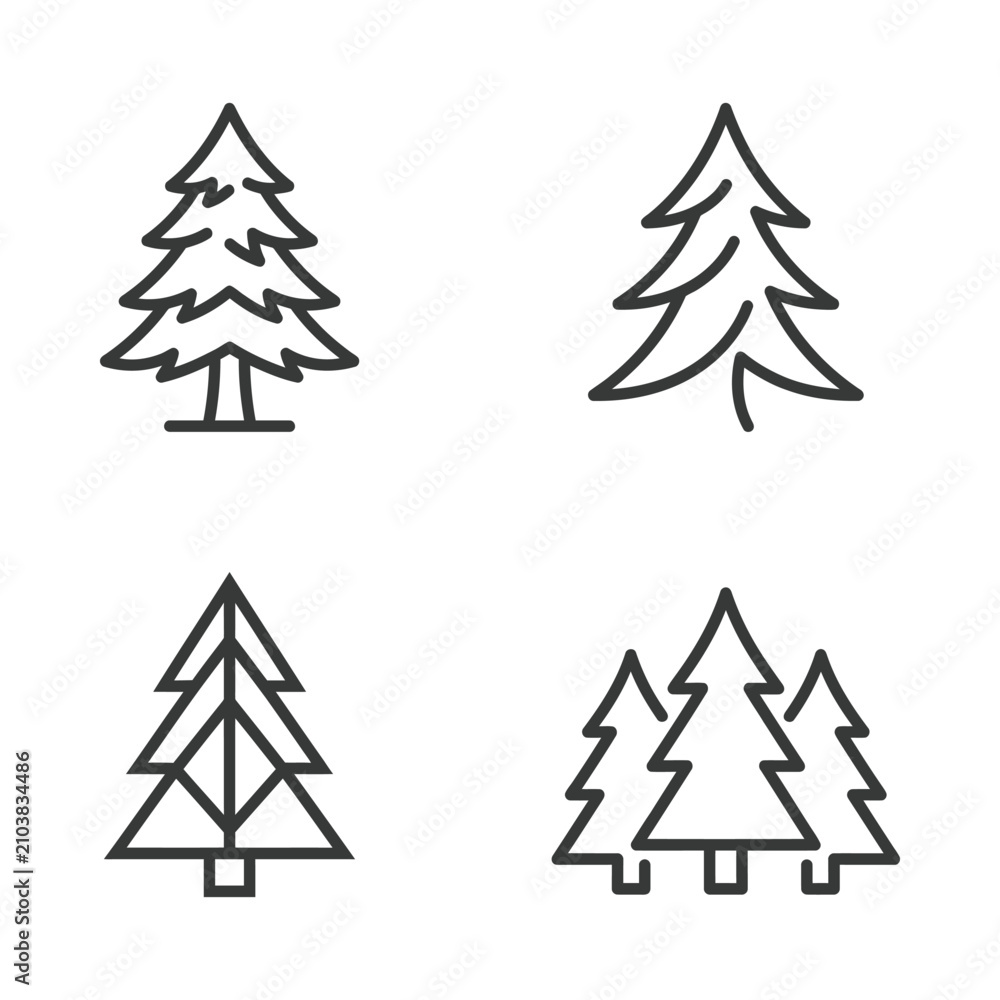 Obraz premium Set of stylized pine tree icons, simple line art forest symbols for nature and winter themes