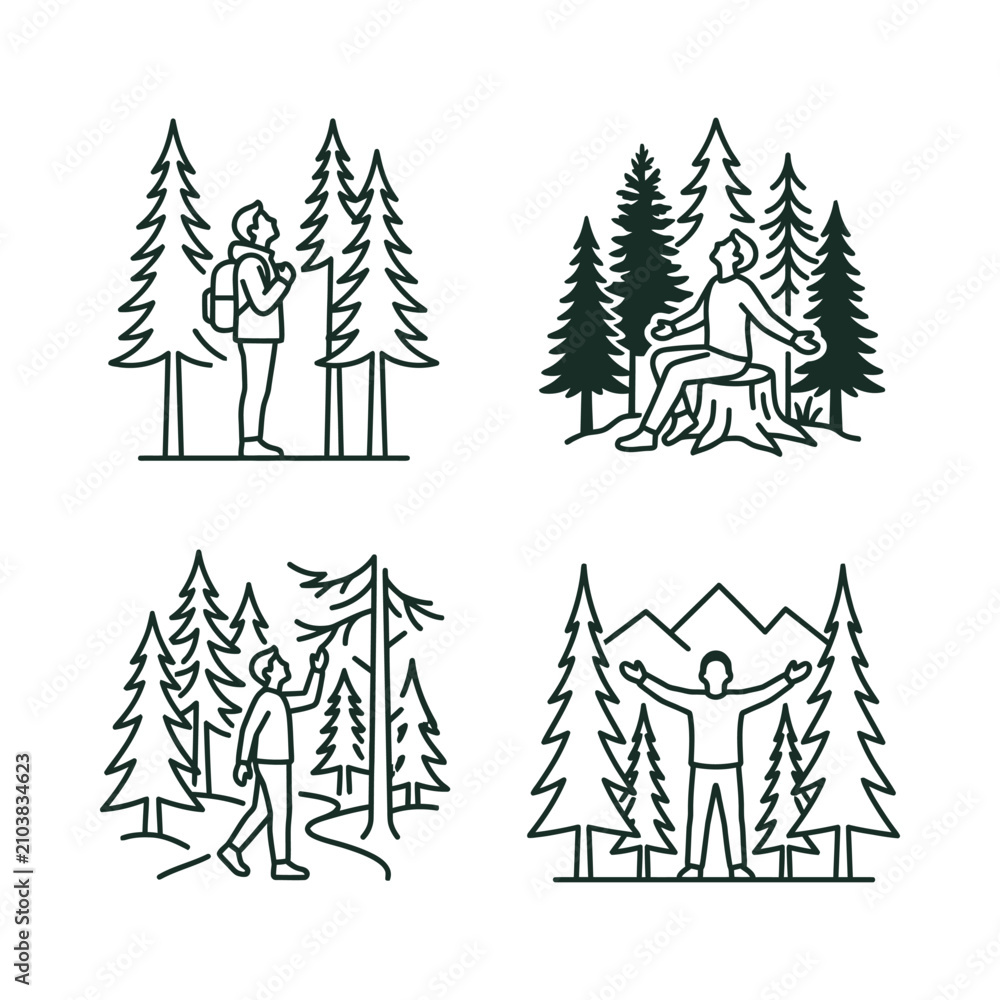 Obraz premium Forest Camping Adventure Line Art Icons: Hiking, Relaxing, Exploring Nature