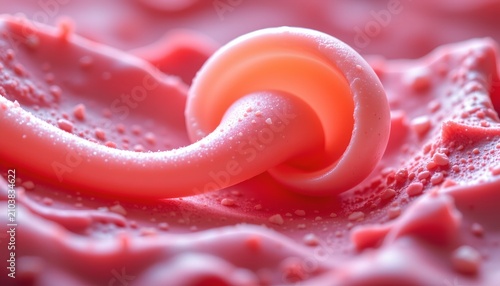 The image features a close up view of a smooth, curved object resting on a textured surface