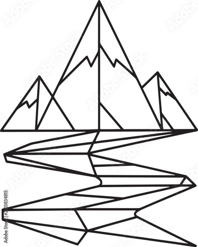 Geometric mountain range reflection in water minimalist line art with range reflected body, water all rendered, stylized minimalist, depiction mountain, environment, wanderlust, monochrome, landscape