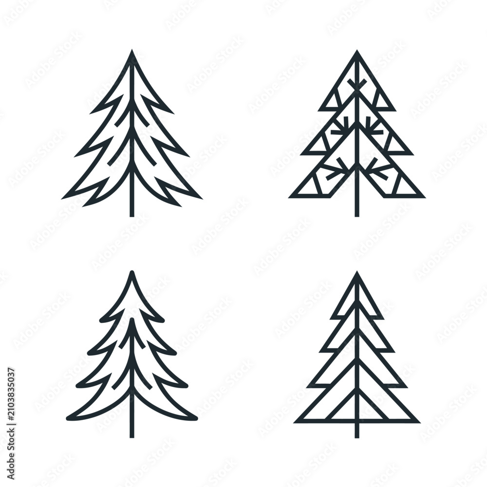 Obraz premium Minimalist Pine Tree Icons Set, Geometric Evergreen Forest Symbols