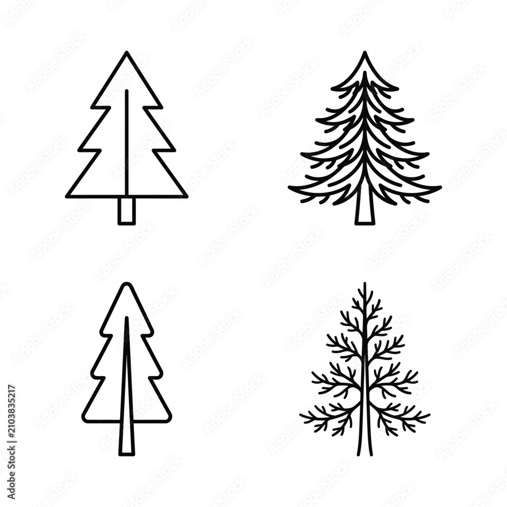 Obraz premium Set of Pine Tree Icons, Evergreen Forest Elements, Vector Illustration