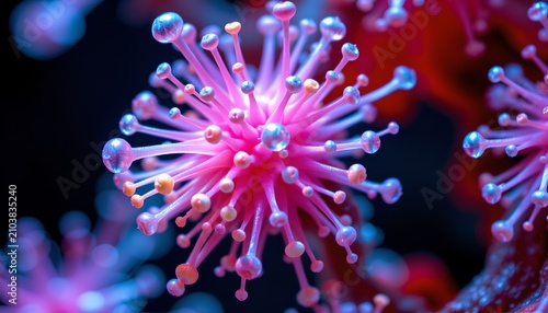 The image features a close up of a vibrant, colorful microorganism with numerous elongated, finger like structures radiating outward from a central point