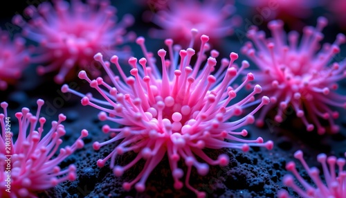 The image features close up, vibrant pink structures resembling marine or microscopic organisms with numerous elongated, thin protrusions radiating outward from a central core