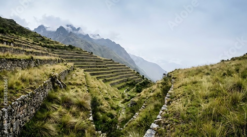 Ancient stone terraces on a steep mountain slope in the andes