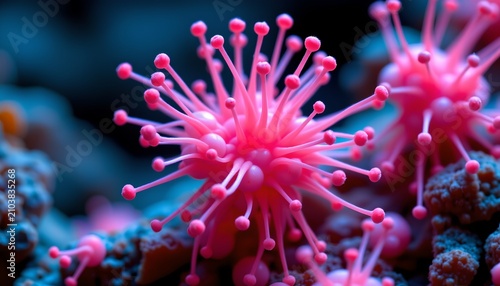 The image features a close up view of a vibrant, pink colored microscopic organism with numerous thin, elongated protrusions extending outward from its central body