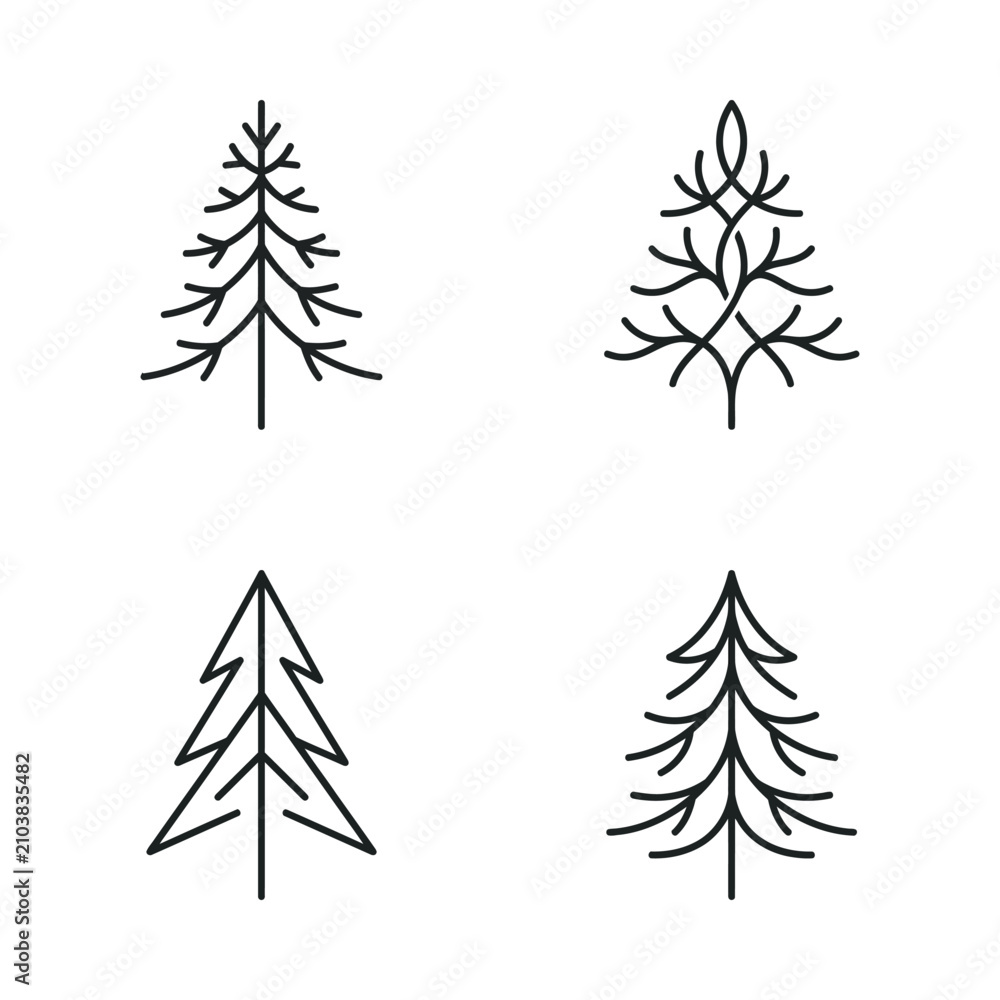Fototapeta premium Set of minimalist pine tree icons, line art vector illustrations