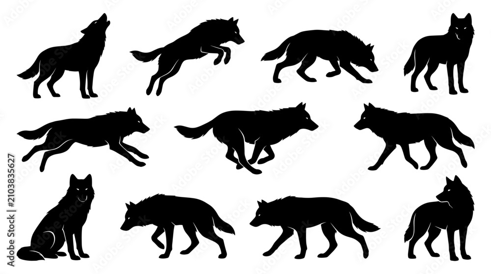 Obraz premium Set of wolf silhouettes including howling and running postures.