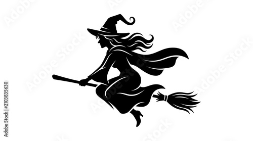 Bild auf Leinwand Silhouette of a witch flying on a broomstick.