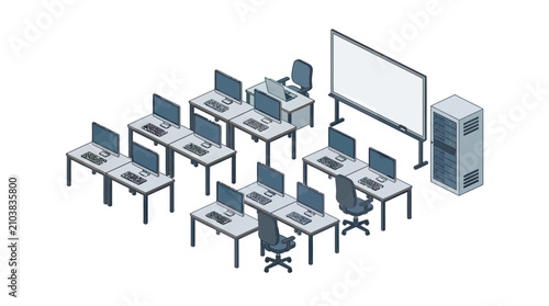 Isometric Illustration of a Modern Computer Classroom and Server Room