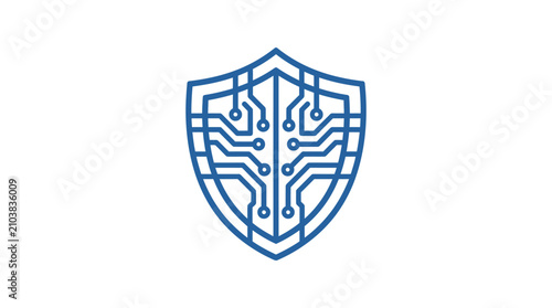 Blue Cyber Security Shield Icon with Digital Circuit Board Lines
